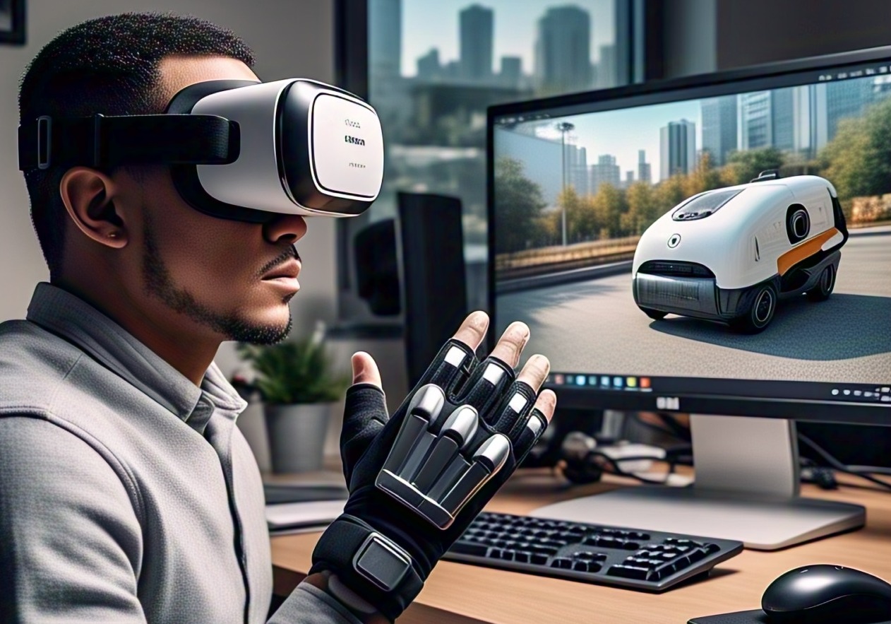 Operator wearing VR headset and haptic gloves remotely controlling an autonomous delivery robot